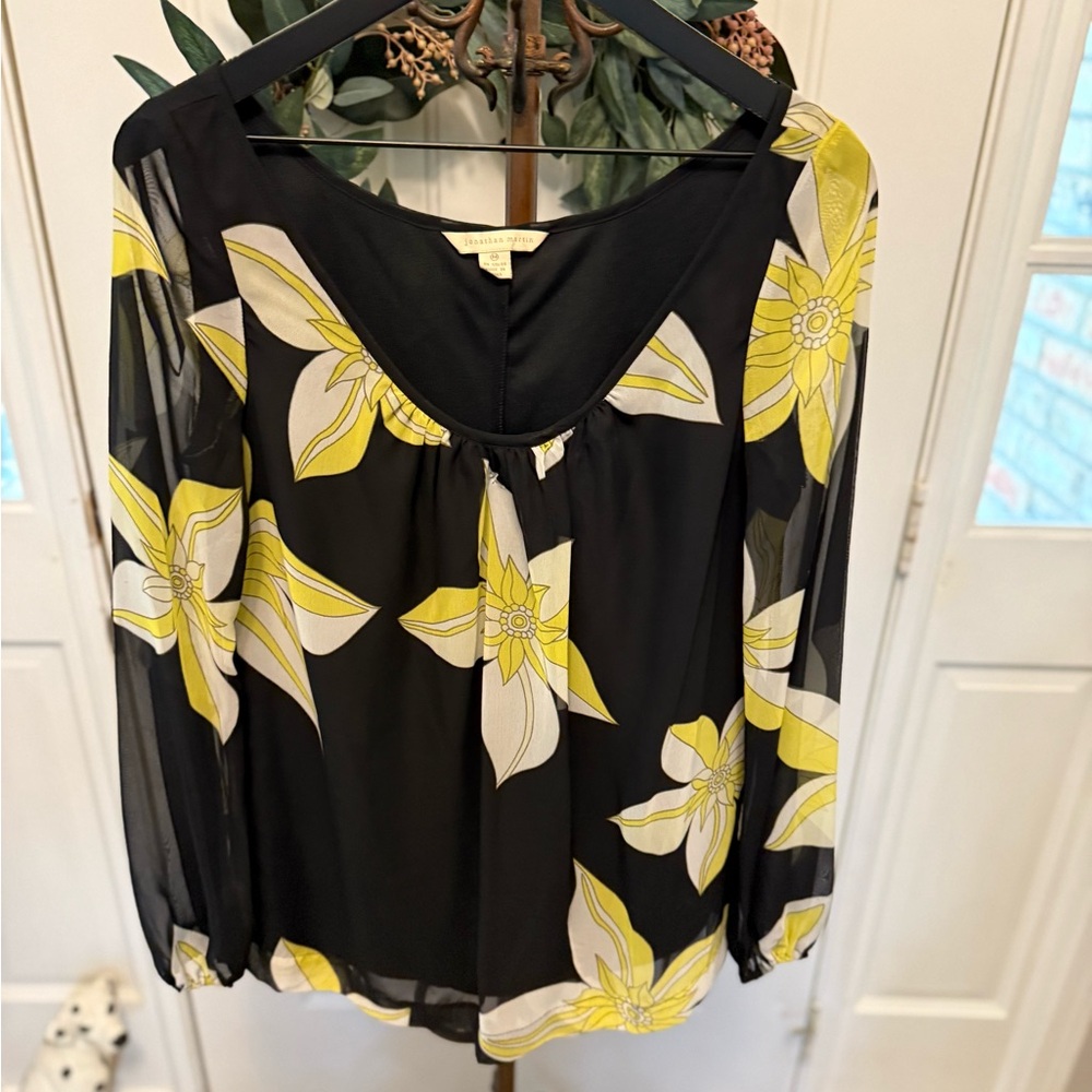 Jonathan Martin Large Floral Print Top Blouse Long Sheer Sleeves M